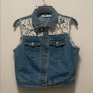 Cato Blue Denim Vest Distressed with Cream Lace